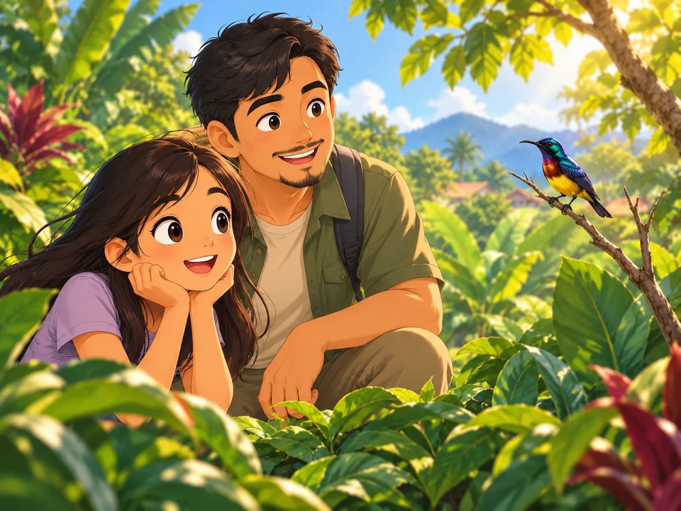 A girl and her father quietly watch a resting sunbird.