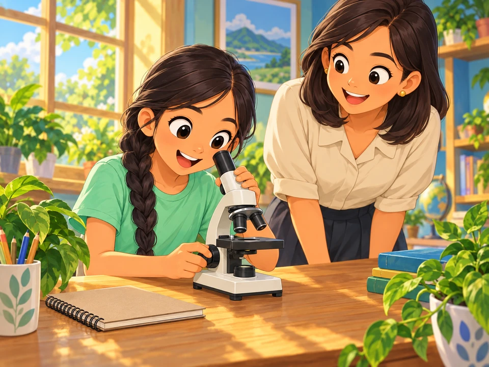 A girl and her teacher prepare a microscope at a nature-study table.