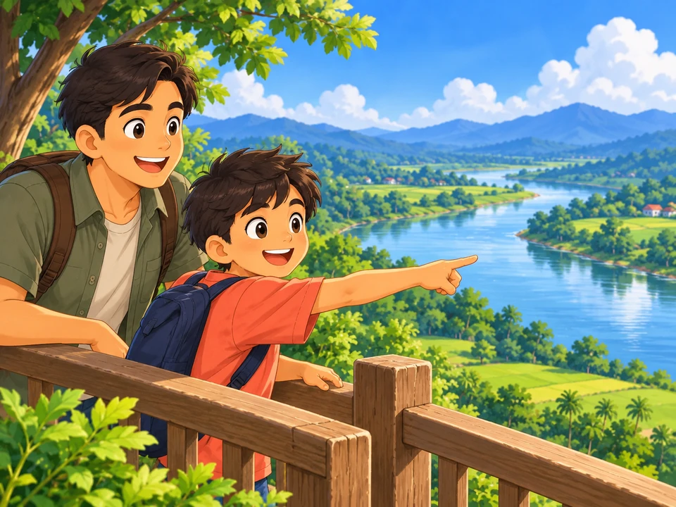 A boy and an adult admire a river from a fenced lookout.