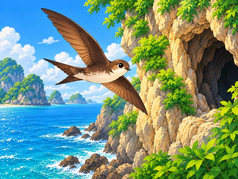 A small swiftlet flies beside a coastal cave entrance.