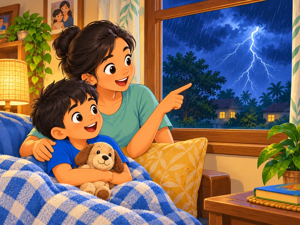A boy and adult watch a storm through a closed window from indoors.
