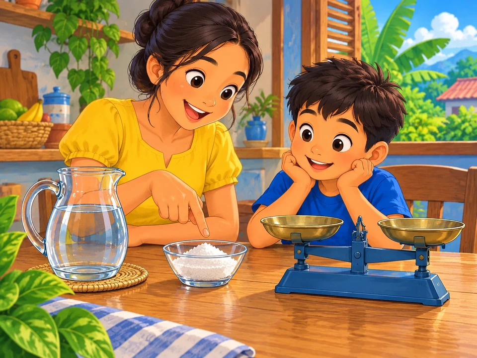 A child and teacher examine uncombined sugar, water and a balance.