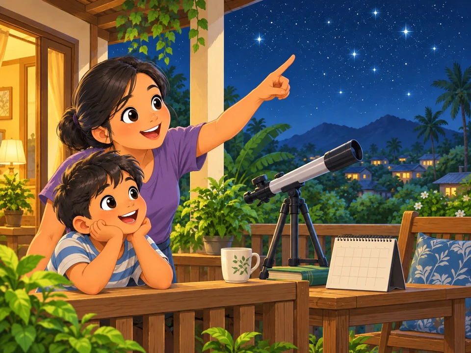 A child and adult prepare to observe stars beside a resting telescope.