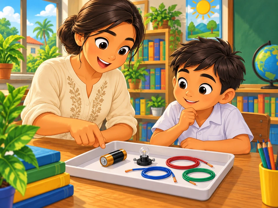 A pupil and teacher inspect a tray of disconnected science-kit pieces.
