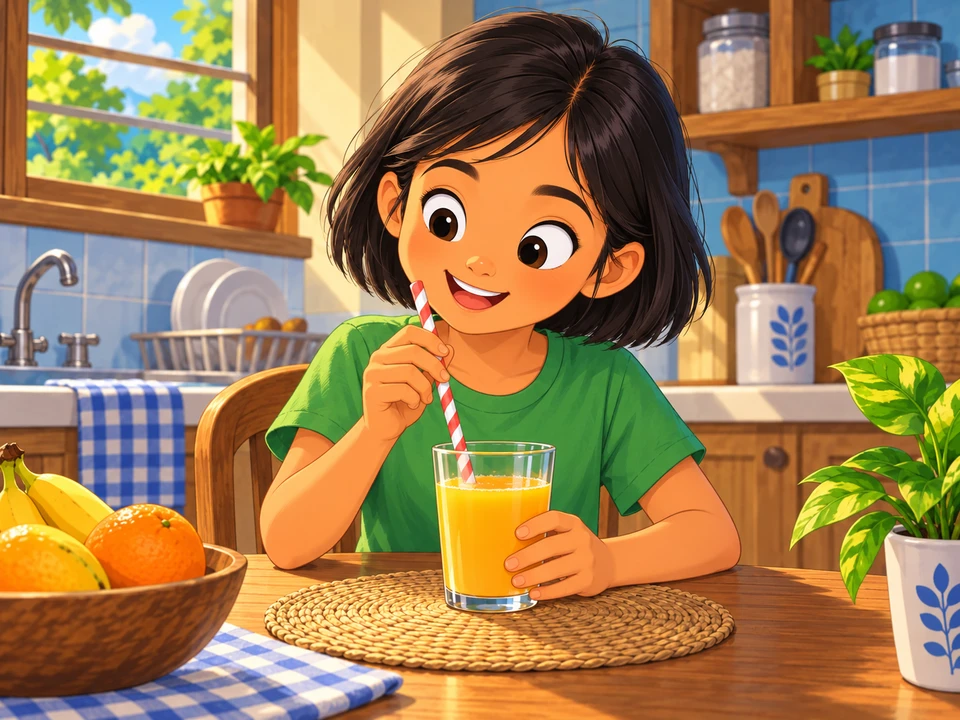 A girl considers a straw in an open glass before sipping.