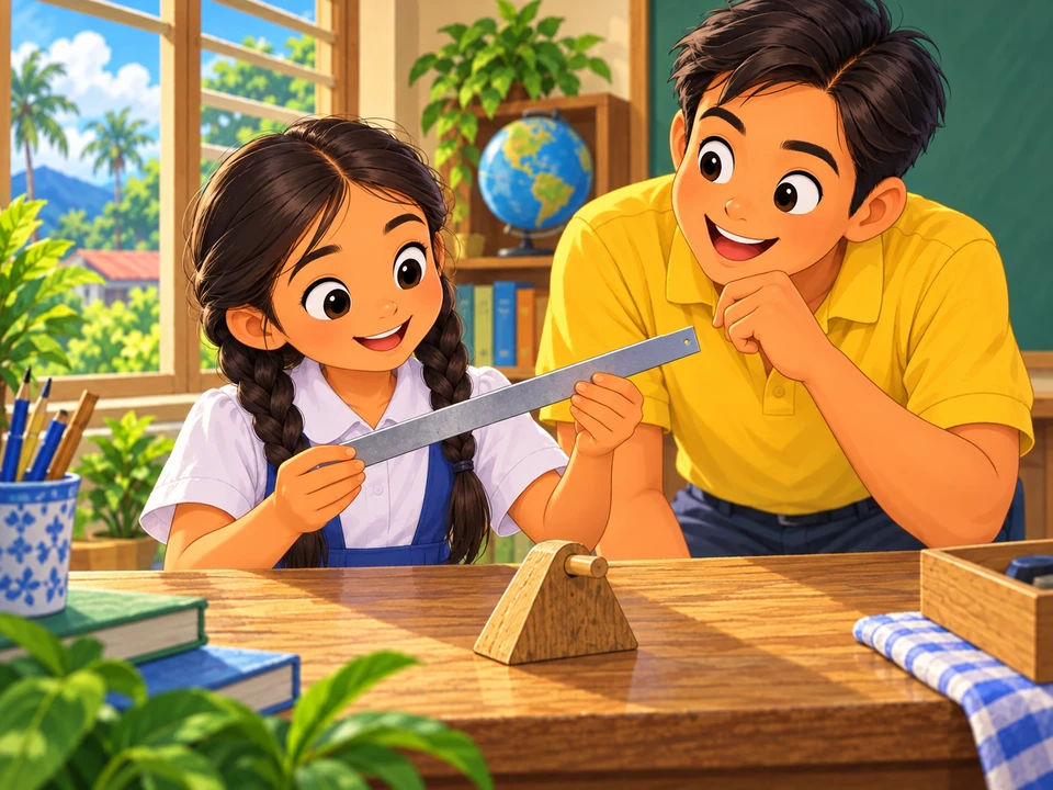 A girl and science teacher inspect an unassembled ruler and wooden pivot.