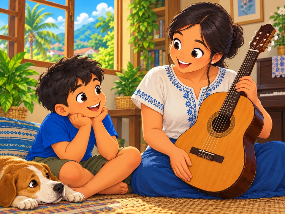 A music teacher shows an unplayed guitar to a boy.