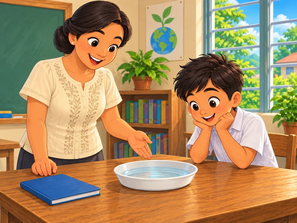 A teacher and pupil observe clear water in a shallow dish.