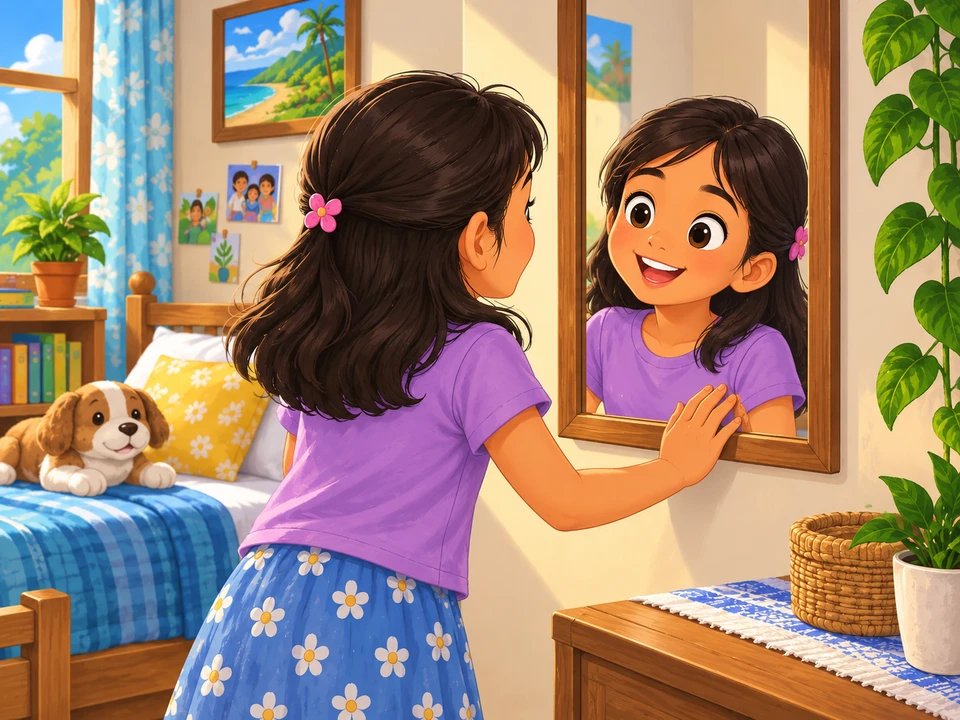 A girl approaches a framed flat mirror in her room.