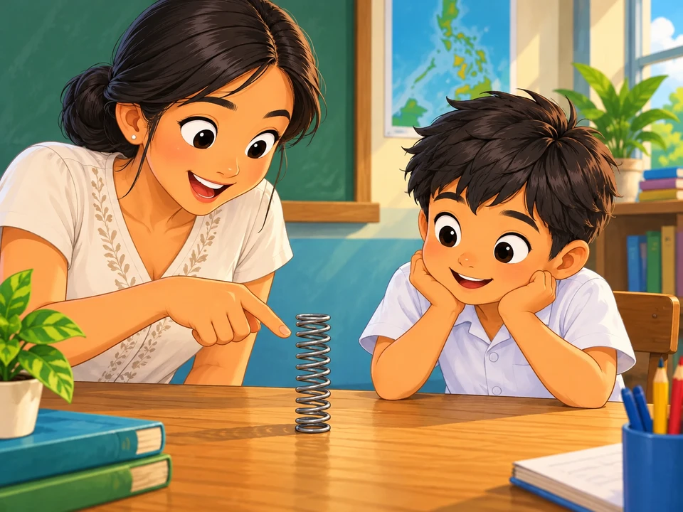 A teacher and pupil observe an unloaded spring on a table.
