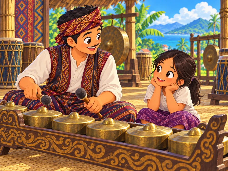 A musician and young listener sit beside a gong ensemble.