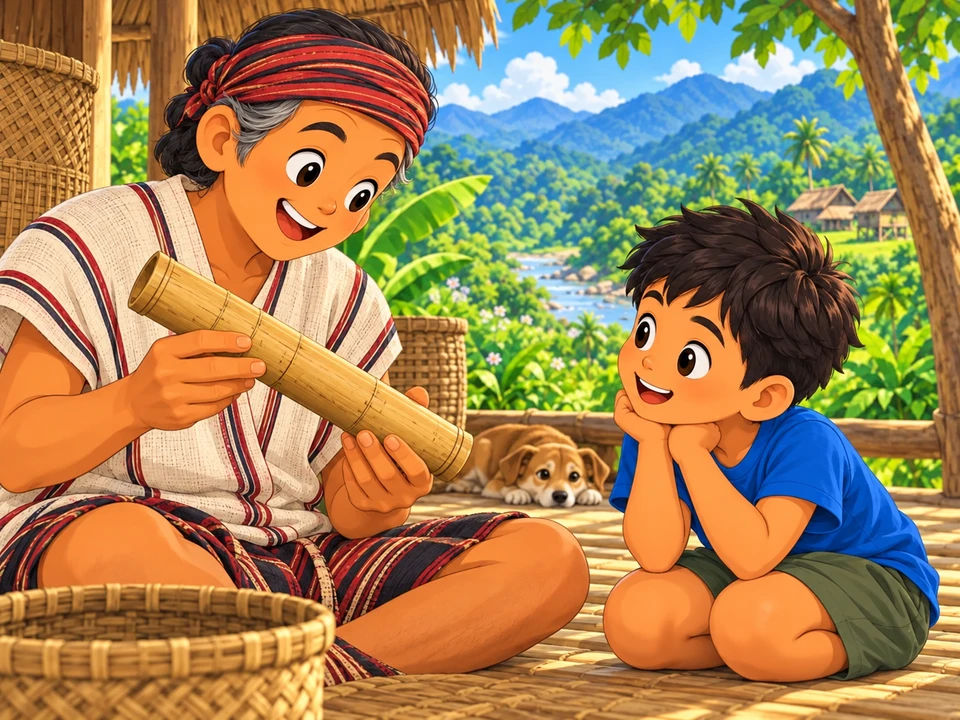 An elder shows a bamboo tube to a young visitor.