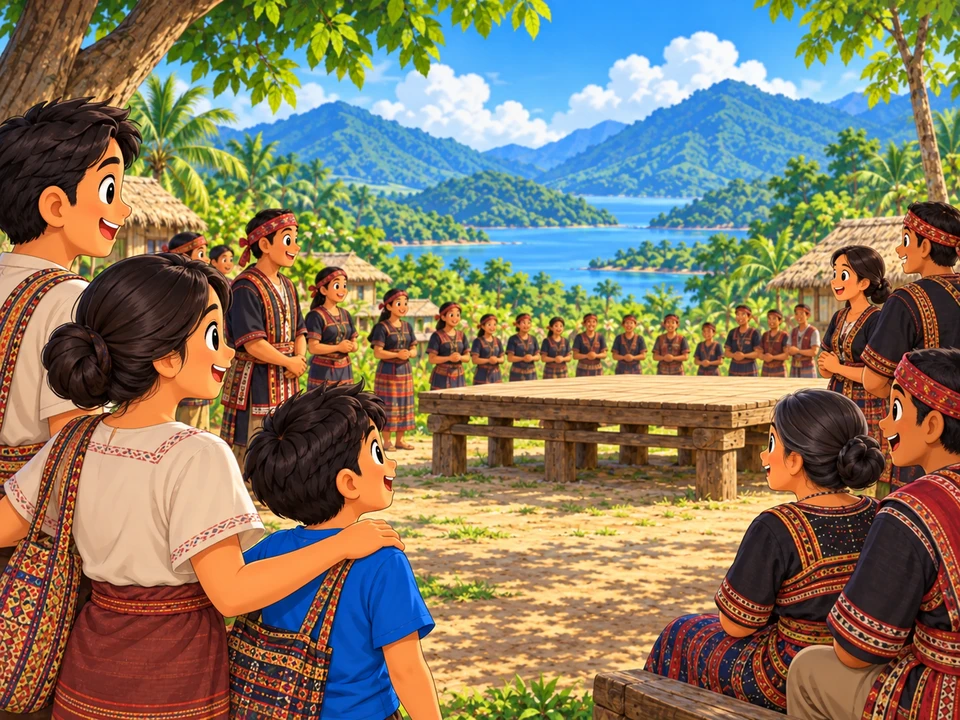 Community members gather beside an open raised wooden platform.