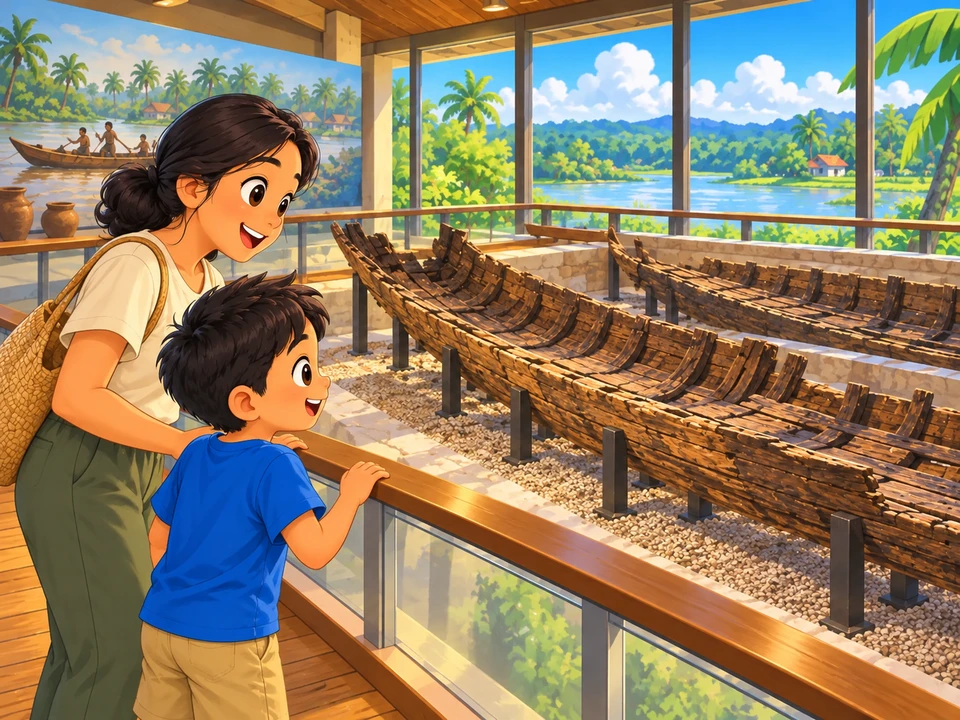A child and adult view weathered boat remains from a museum walkway.
