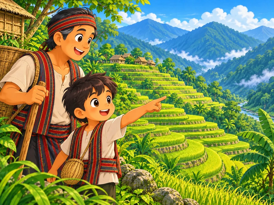 A farmer and child look across green rice terraces.