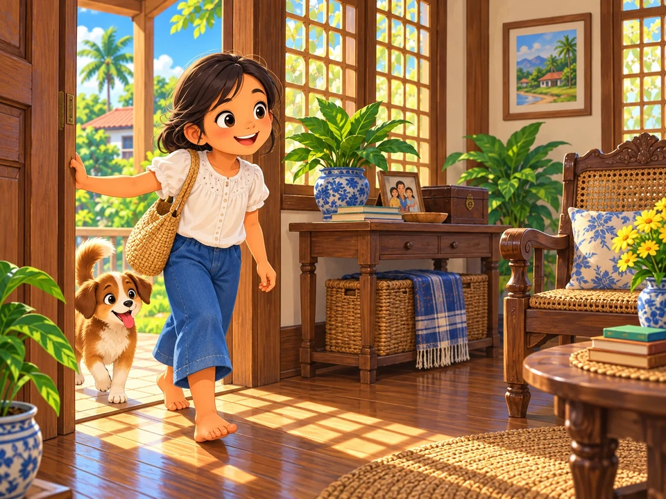 A girl enters a softly lit heritage-house room.