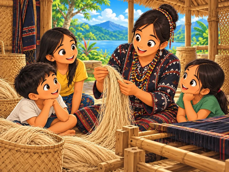 A weaver shows fiber bundles to young visitors beside a loom.