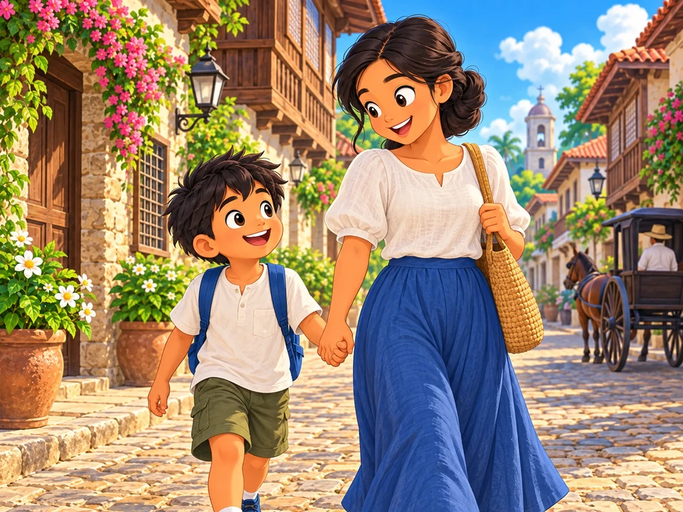 A child and adult walk along a Vigan heritage street.