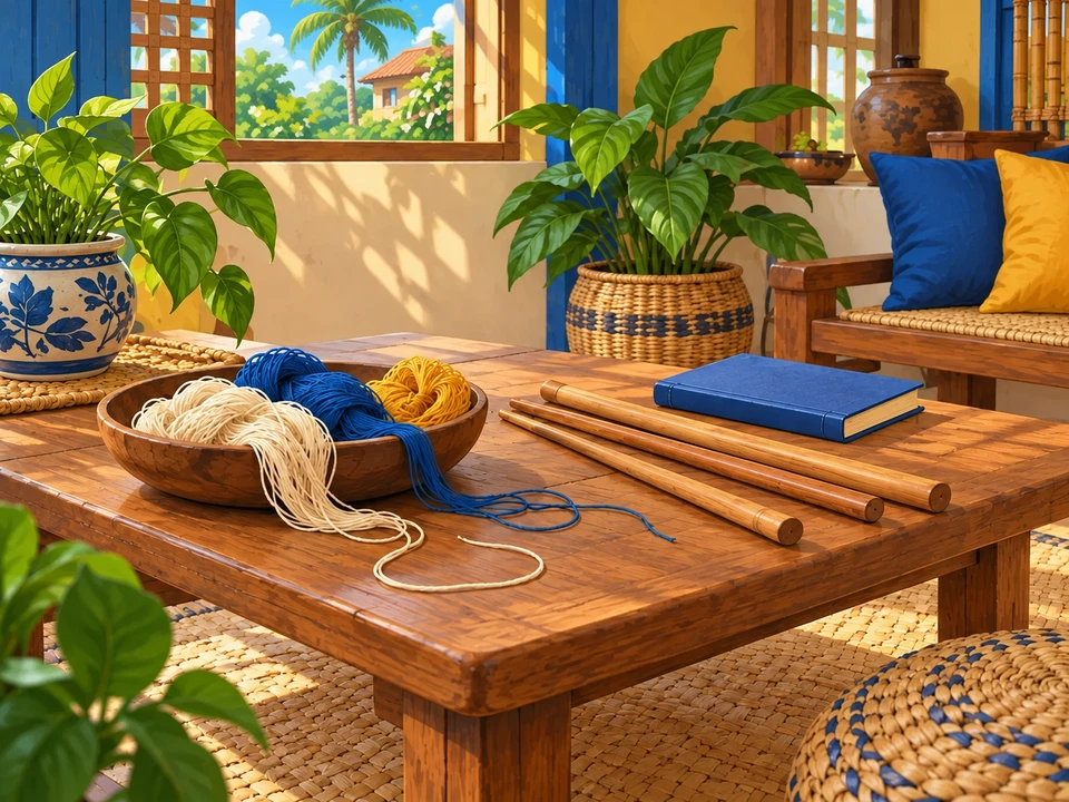 Loose threads and wooden weaving tools rest on a craft table before setup.
