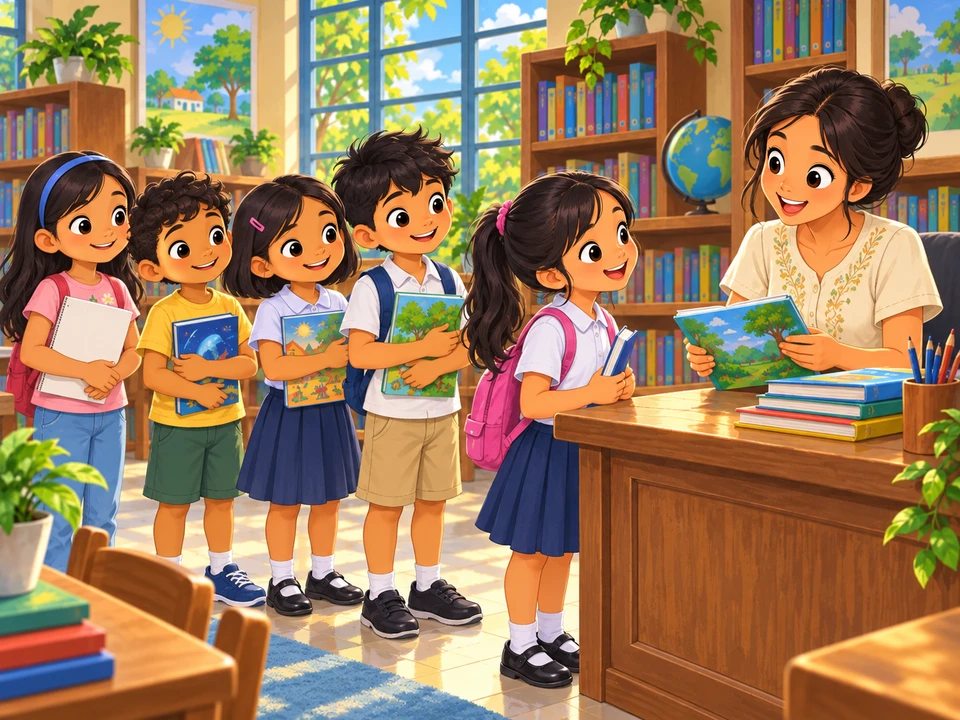 Pupils wait at a school borrowing desk with books.