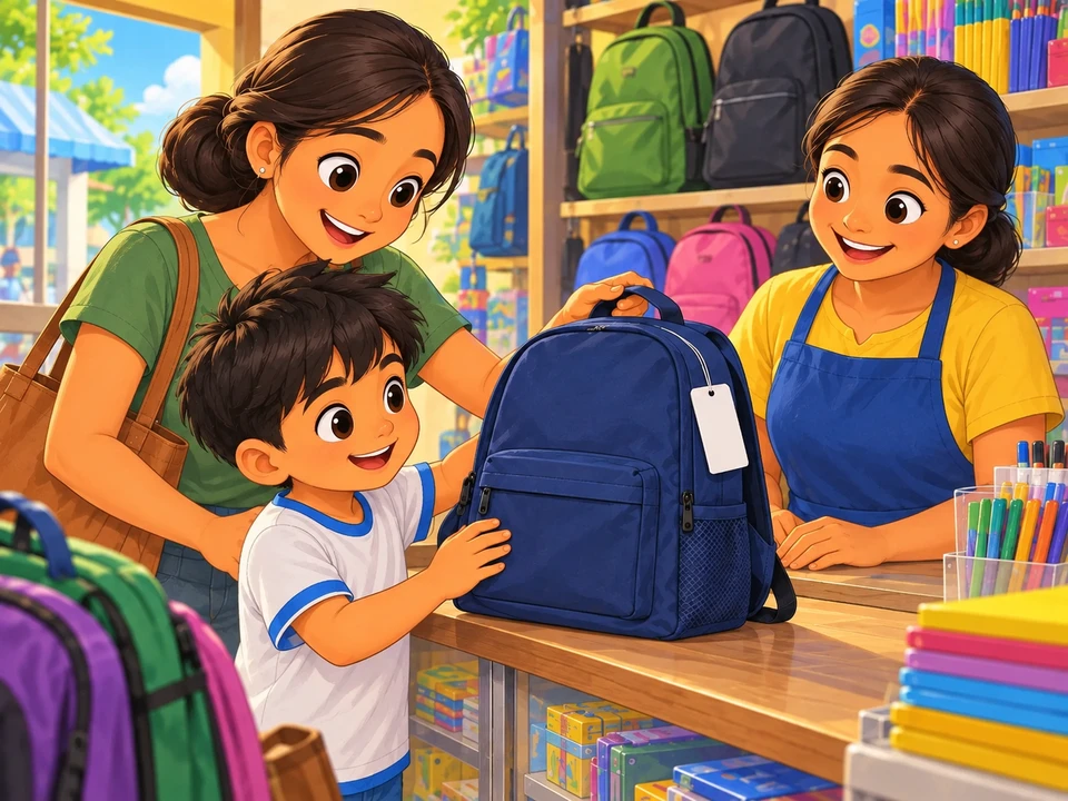 A child and adult inspect a school bag at a shop counter.