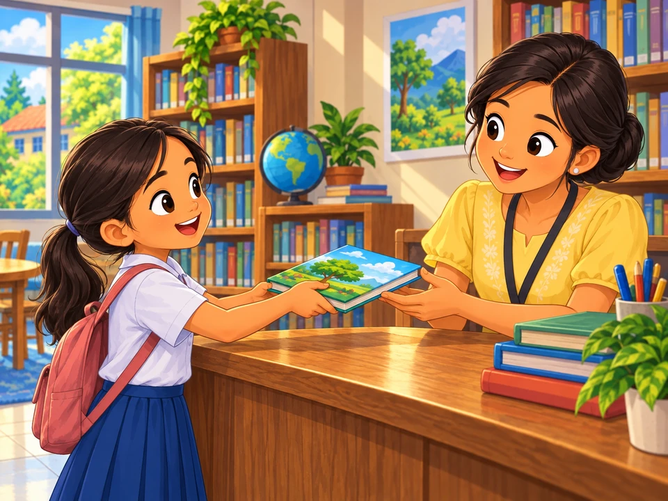 A pupil hands a book across a library desk beside an unmarked calendar.