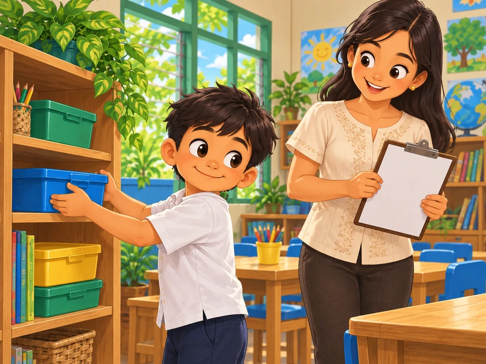 A pupil returns a closed kit box while a teacher holds a blank clipboard.