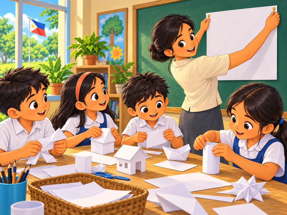 Pupils prepare plain paper models while a teacher posts a blank sheet.