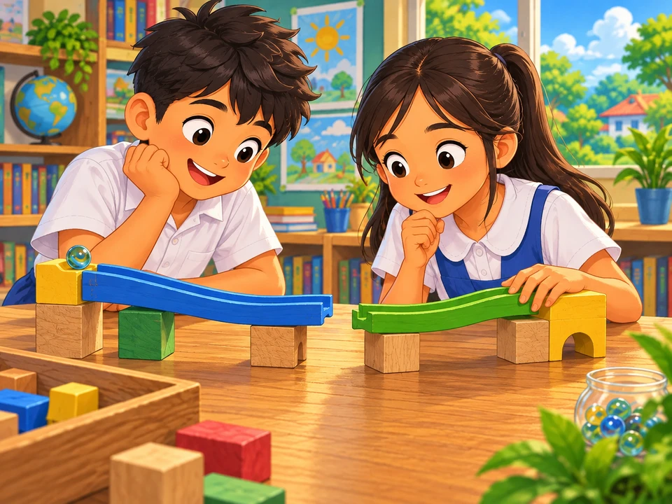 Two pupils examine separate marble tracks before joining them.