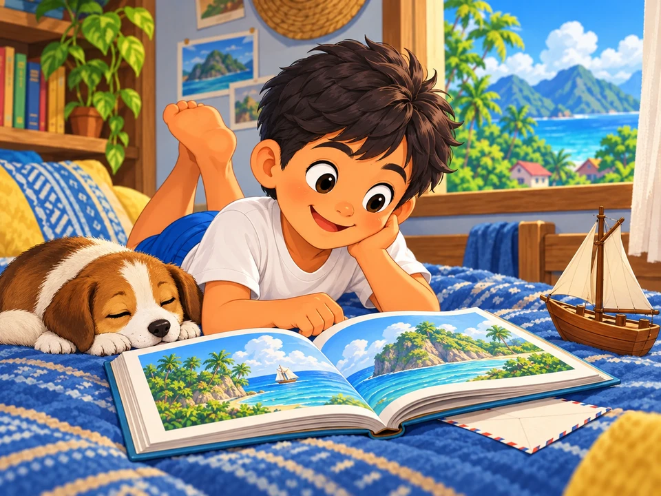 A boy reads a storybook beside a toy ship and unreadable letter.