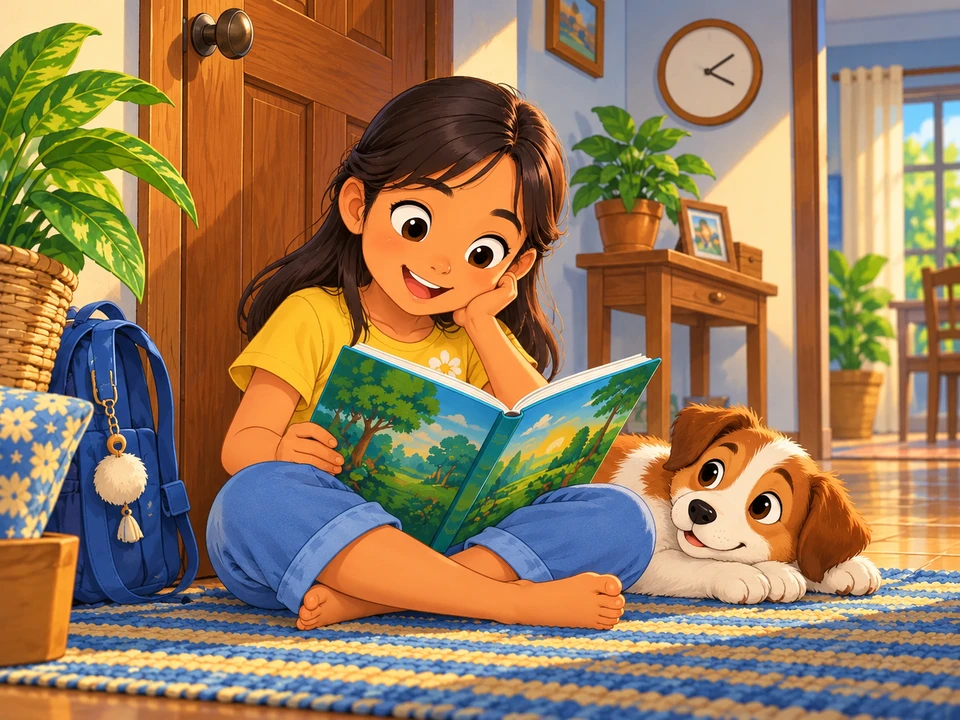A girl reads by a hall door with an unmarked clock behind her.