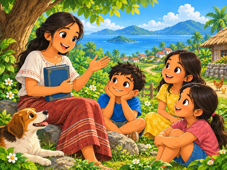 A storyteller with a closed book speaks to young listeners beside a winding path.