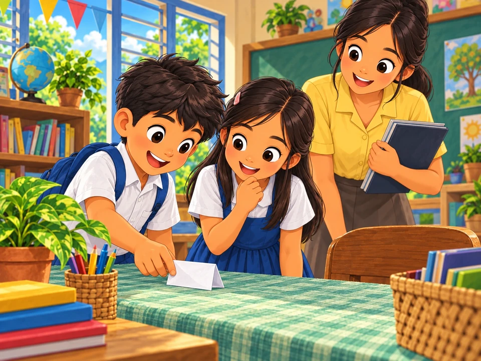 Two pupils find a folded note beside a nearby teacher.