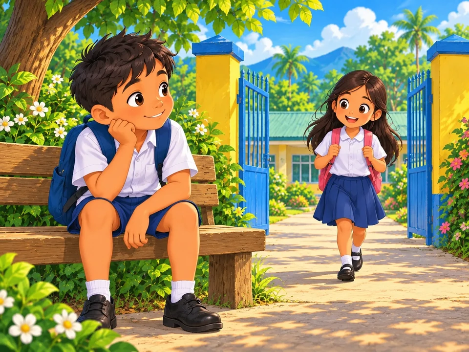 A pupil waits on a bench beside a school gate as another child approaches.