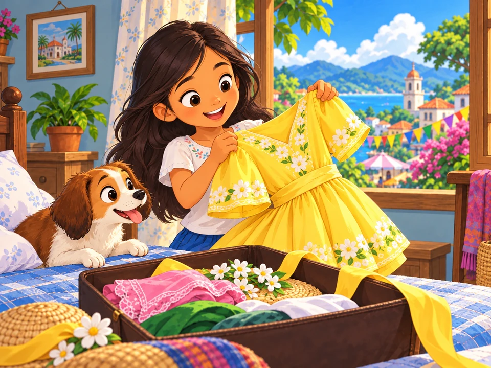 A child holds festive clothing beside a sunny town window.