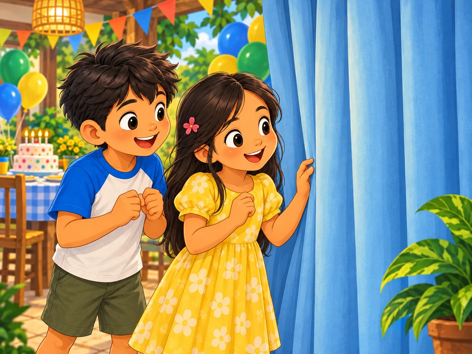 Two friends beside a closed curtain at a birthday gathering.