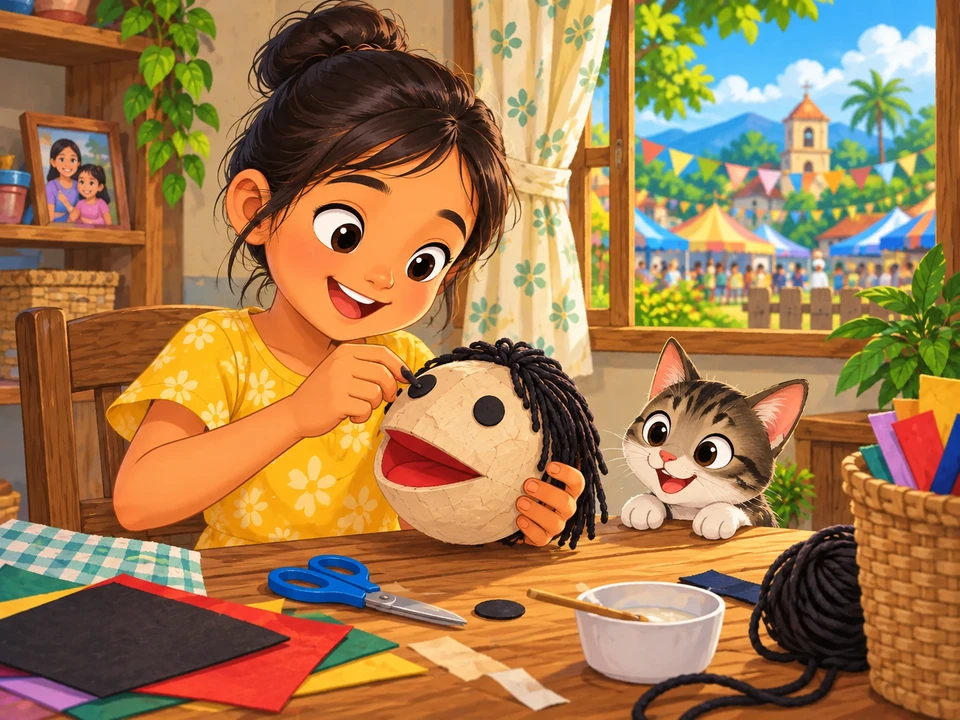 A pupil makes a puppet head at a home craft table.