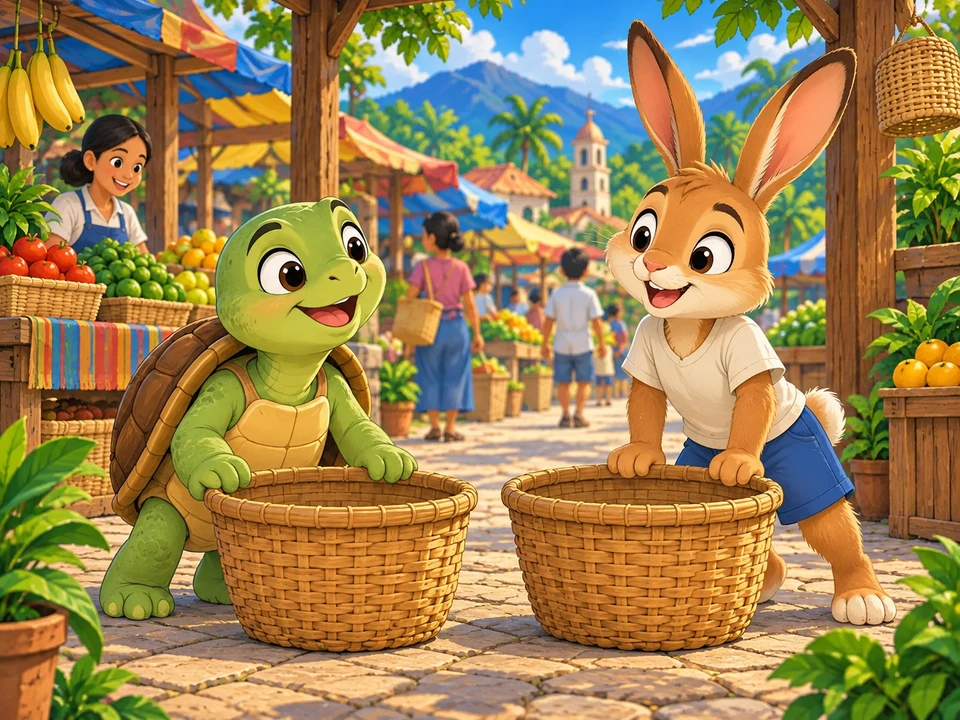 A friendly tortoise and hare with empty baskets at a market.