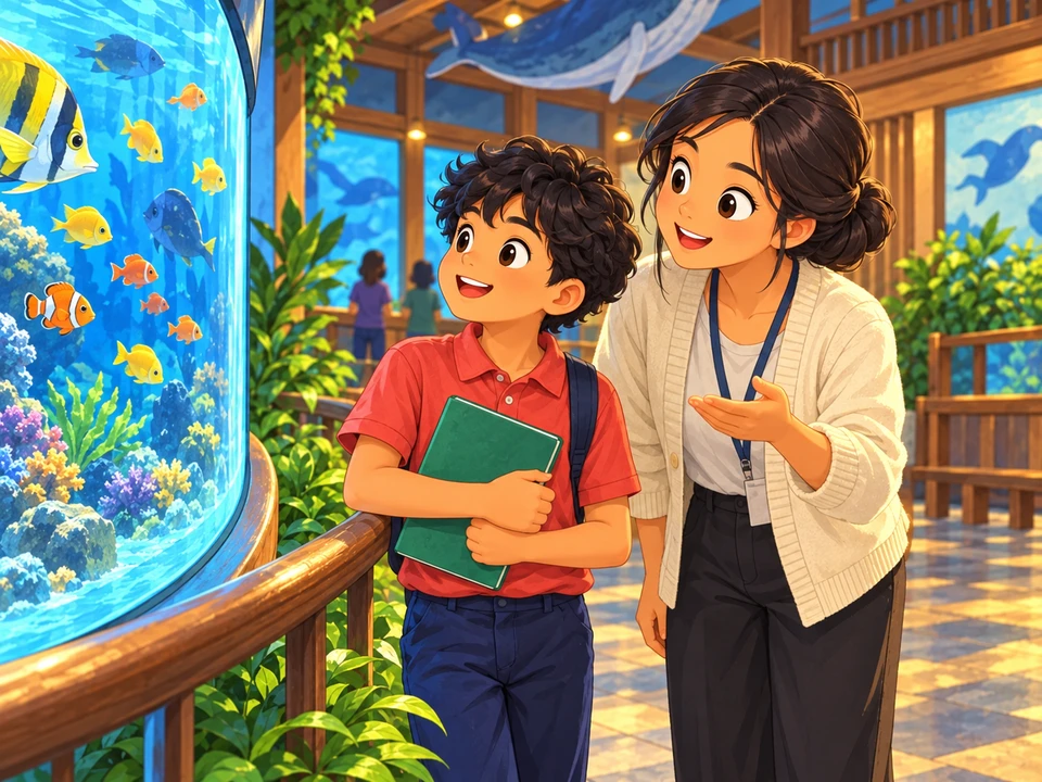 Isang bata at gabay na dumadalaw sa bulwagan tungkol sa dagat.