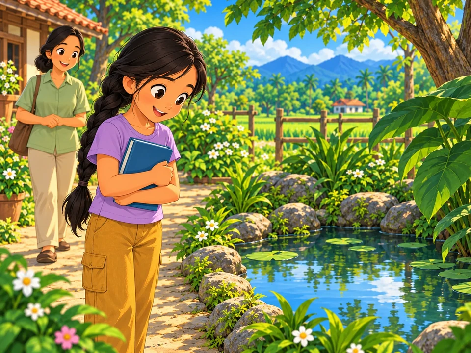 Isang batang nagmamasid sa maliit na lawa mula sa ligtas na daan.