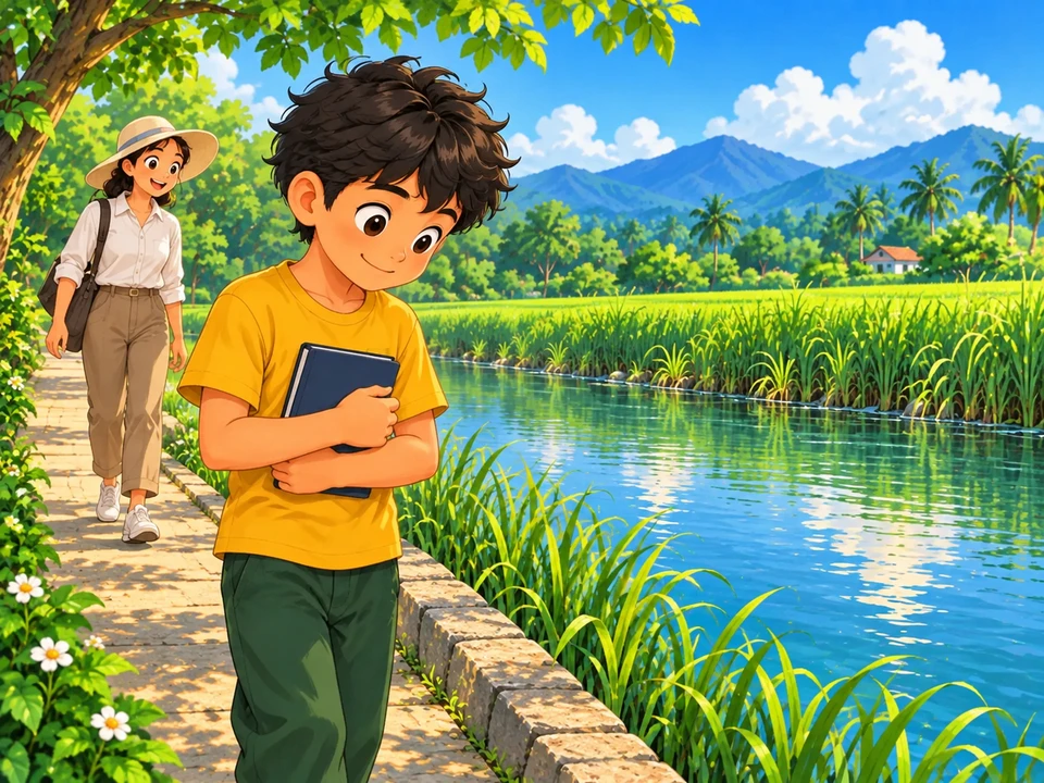 Isang batang may saradong kuwaderno sa ligtas na daanan sa tabi ng tubig.