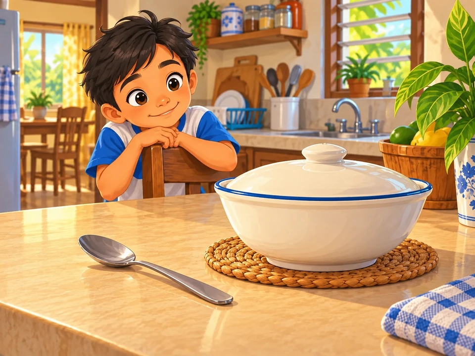 Batang nagmamasid sa kutsara at nakatakip na mangkok sa kusina.