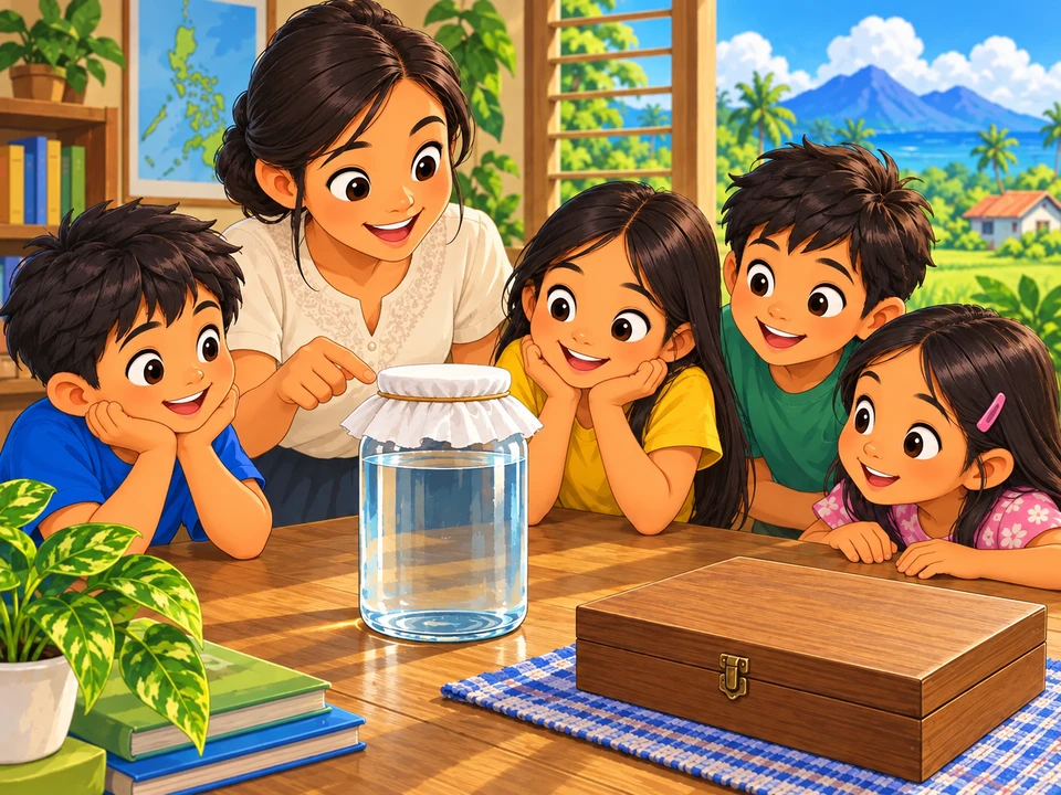 Guro at mga batang naghahanda ng kagamitan sa pag-aaral ng butil.