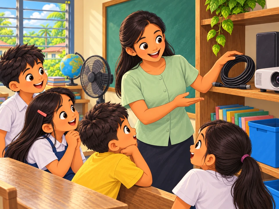 Guro at mga batang tumitingin sa hindi nakakabit na kable.