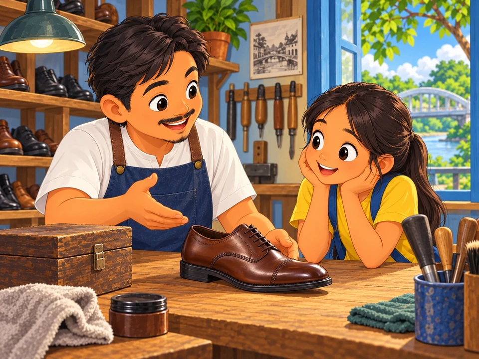 Tagagawa ng sapatos at batang bumibisita sa pagawaan.