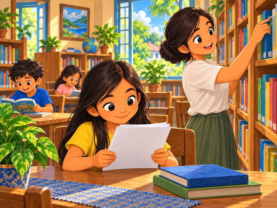 Batang may payak na papel sa tahimik na aklatan.