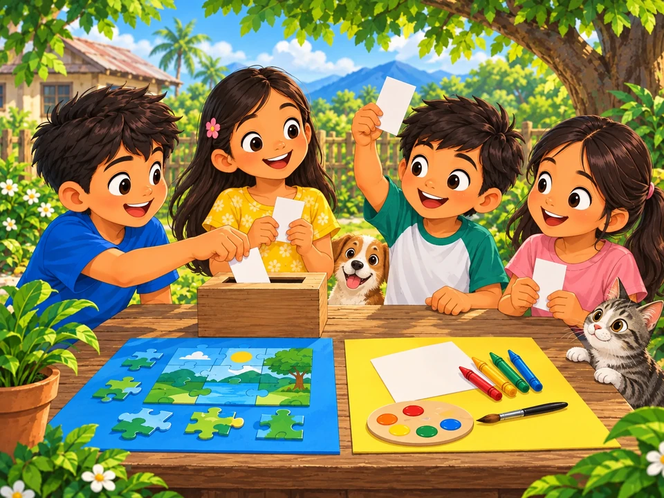Mga batang may blangkong papel para sa pagpili ng gawain.