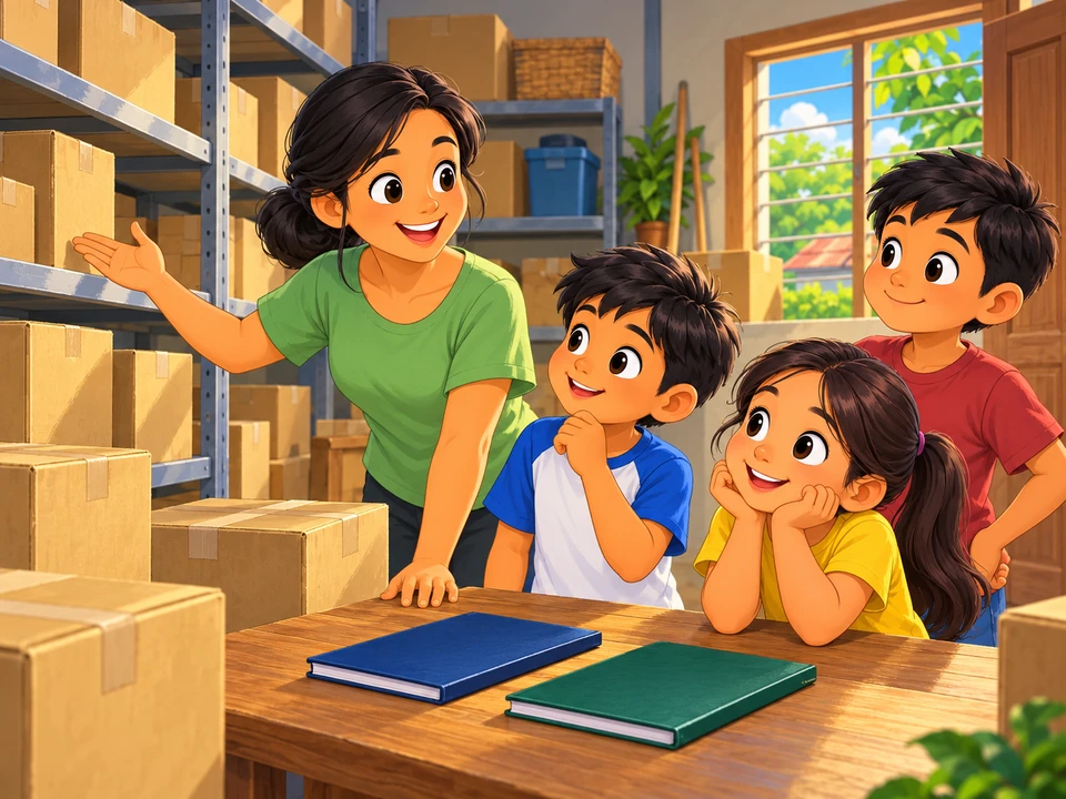 Mga batang may gabay sa isang bodega na may mga kahon.
