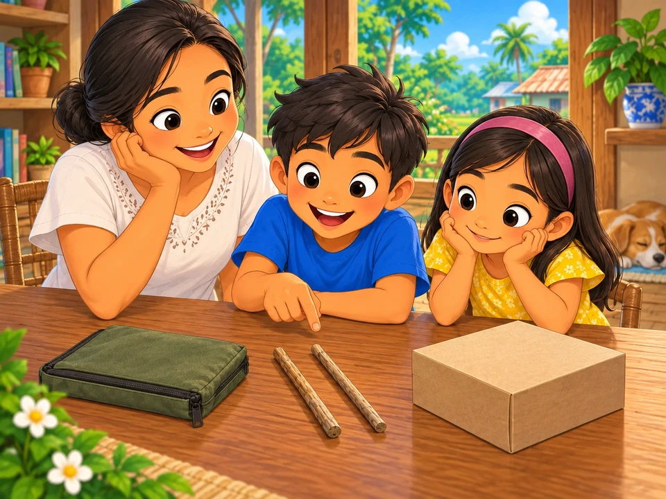 Mga batang tumitingin sa patpat at saradong kagamitan sa mesa.