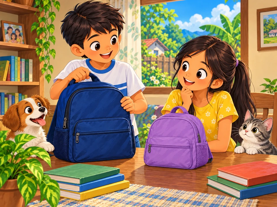 Dalawang batang may magkaibang bag sa mesa.